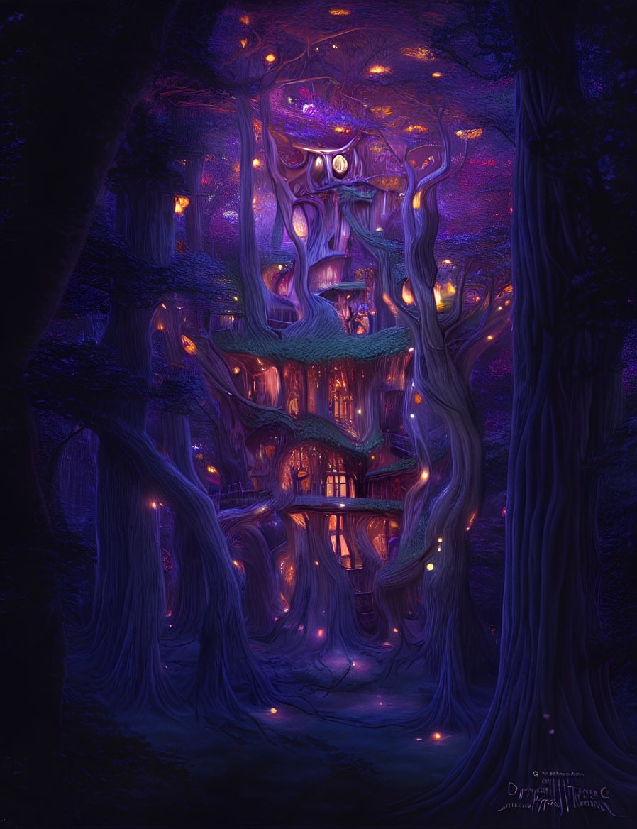 Enchanted forest treehouse with glowing windows at night