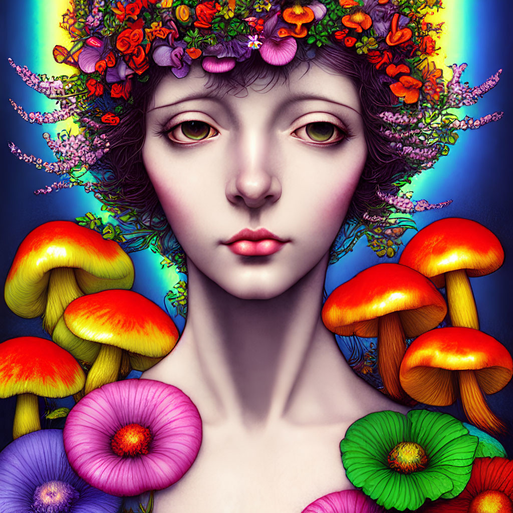 Digital portrait of woman with pale skin, grey eyes, vibrant floral crown, colorful mushrooms and flowers