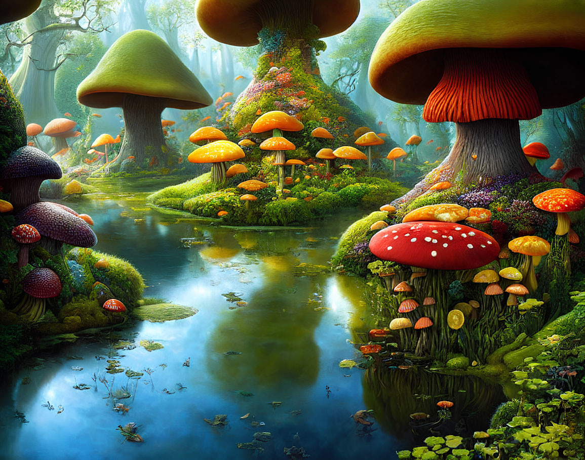 Colorful Oversized Mushrooms in Vibrant Forest with Blue Stream