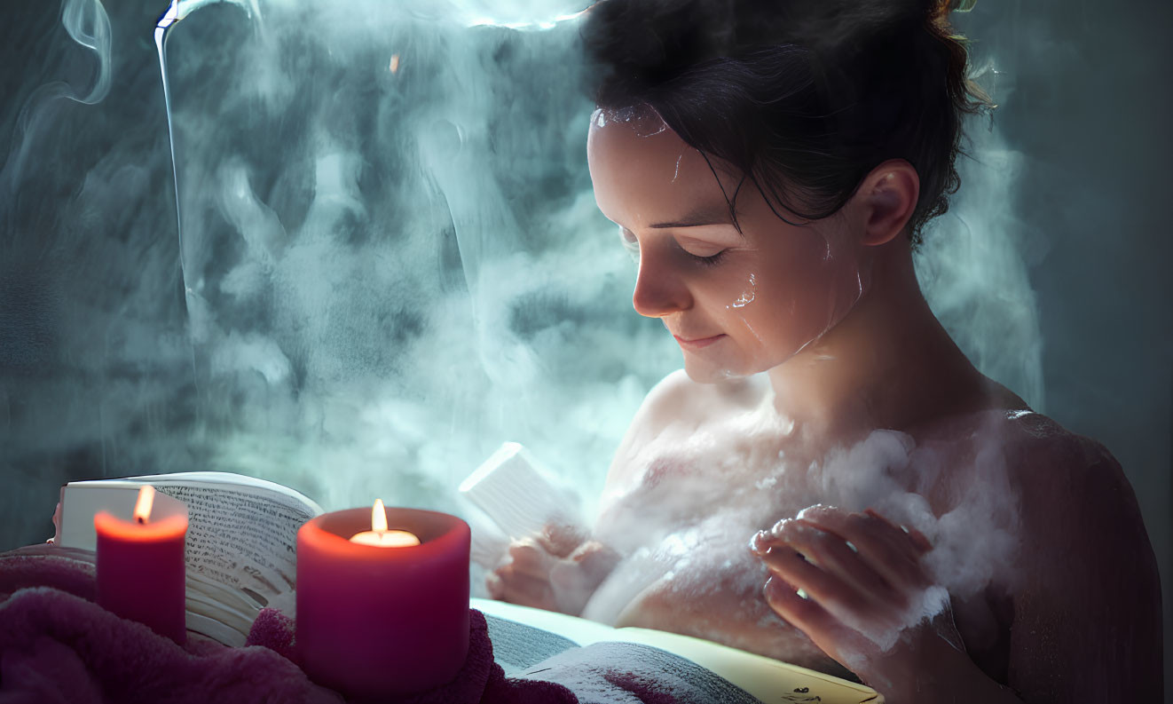 Woman relaxing in warm bath with steam, candles, and book