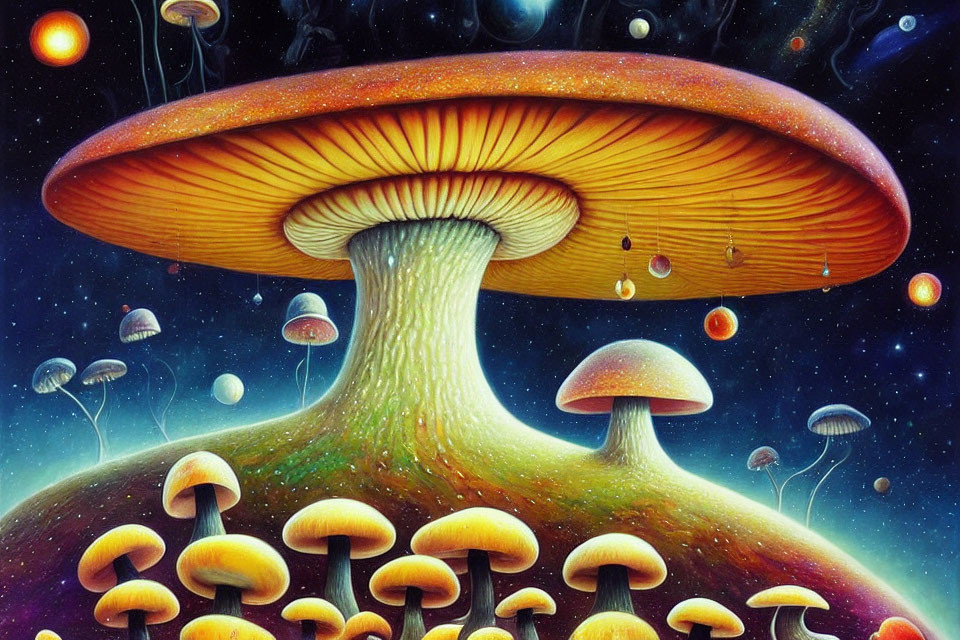 Colorful surreal illustration of oversized mushrooms with cosmic backdrop and floating spores under starry sky