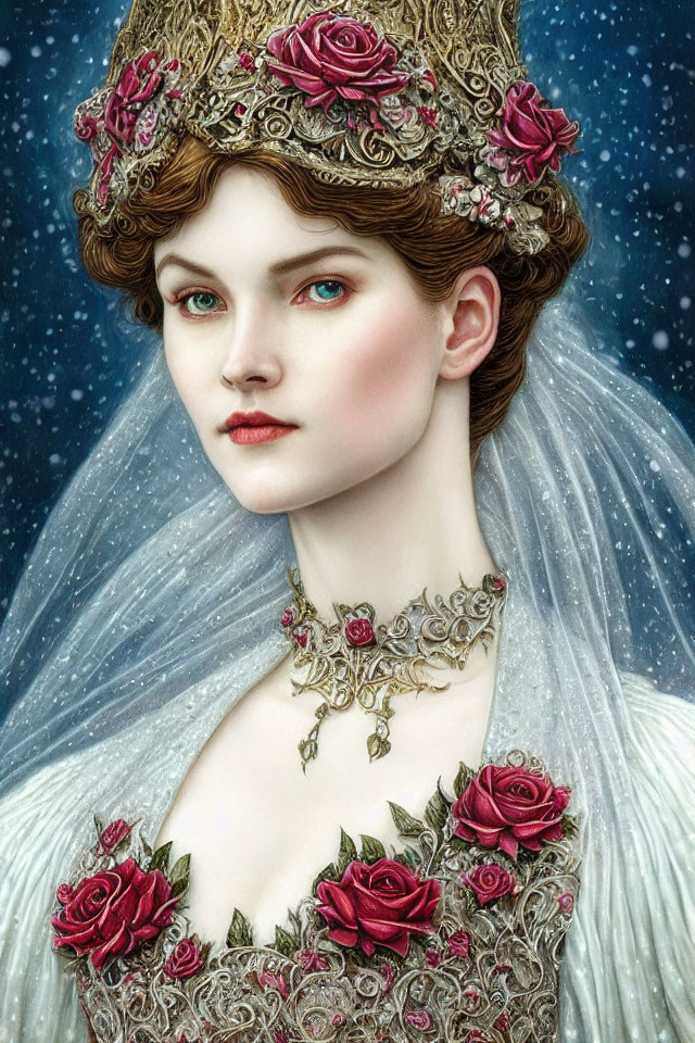 Portrait of woman with ornate crown, lace veil, roses, and gold accents