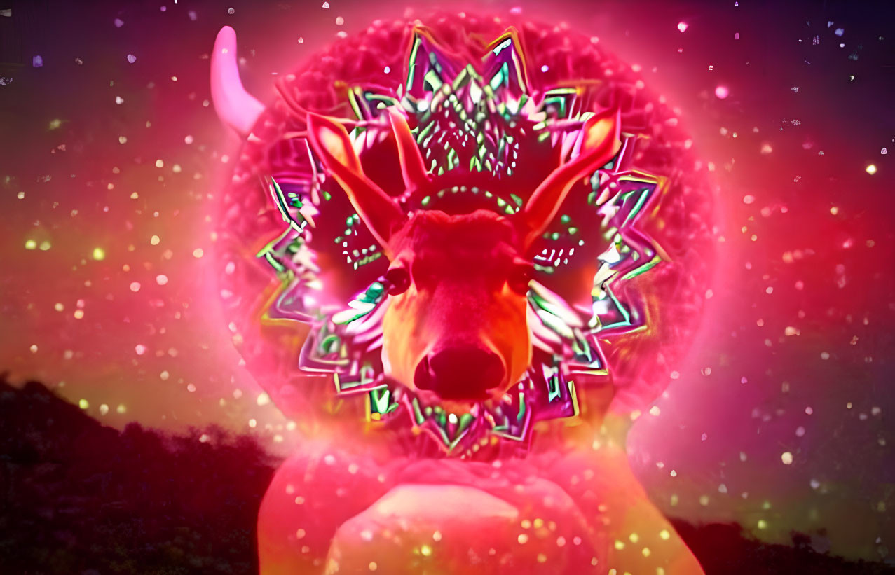 Colorful psychedelic reindeer head illustration on radiant pink backdrop