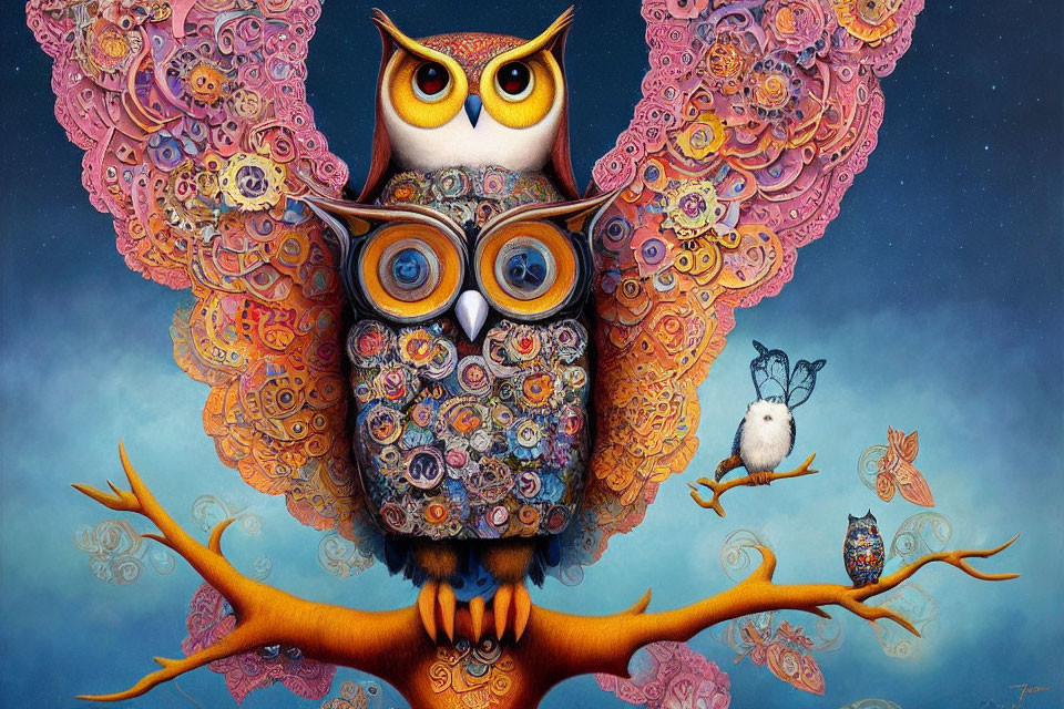 Vibrant, stylized owl art with intricate wing patterns and small bird