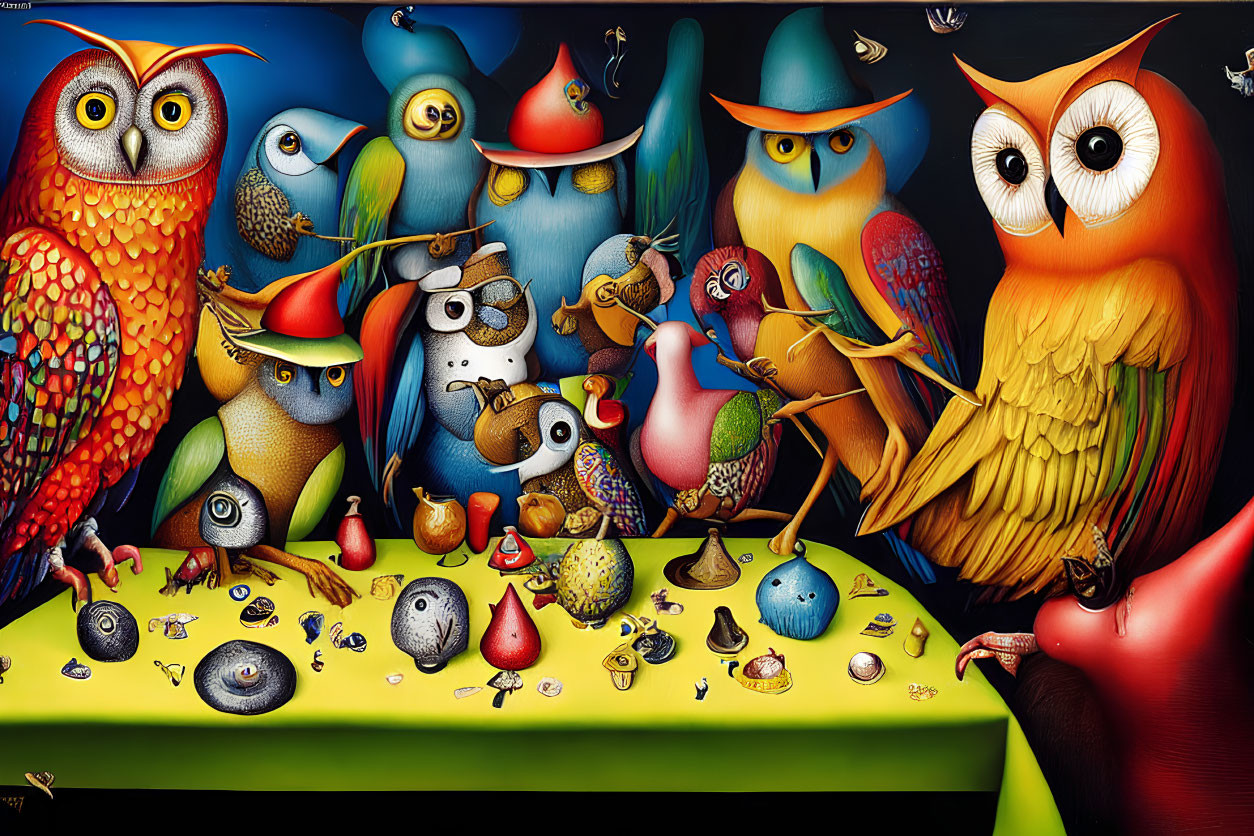 Vibrant illustration of stylized owls and birds with human-like features at a table full of