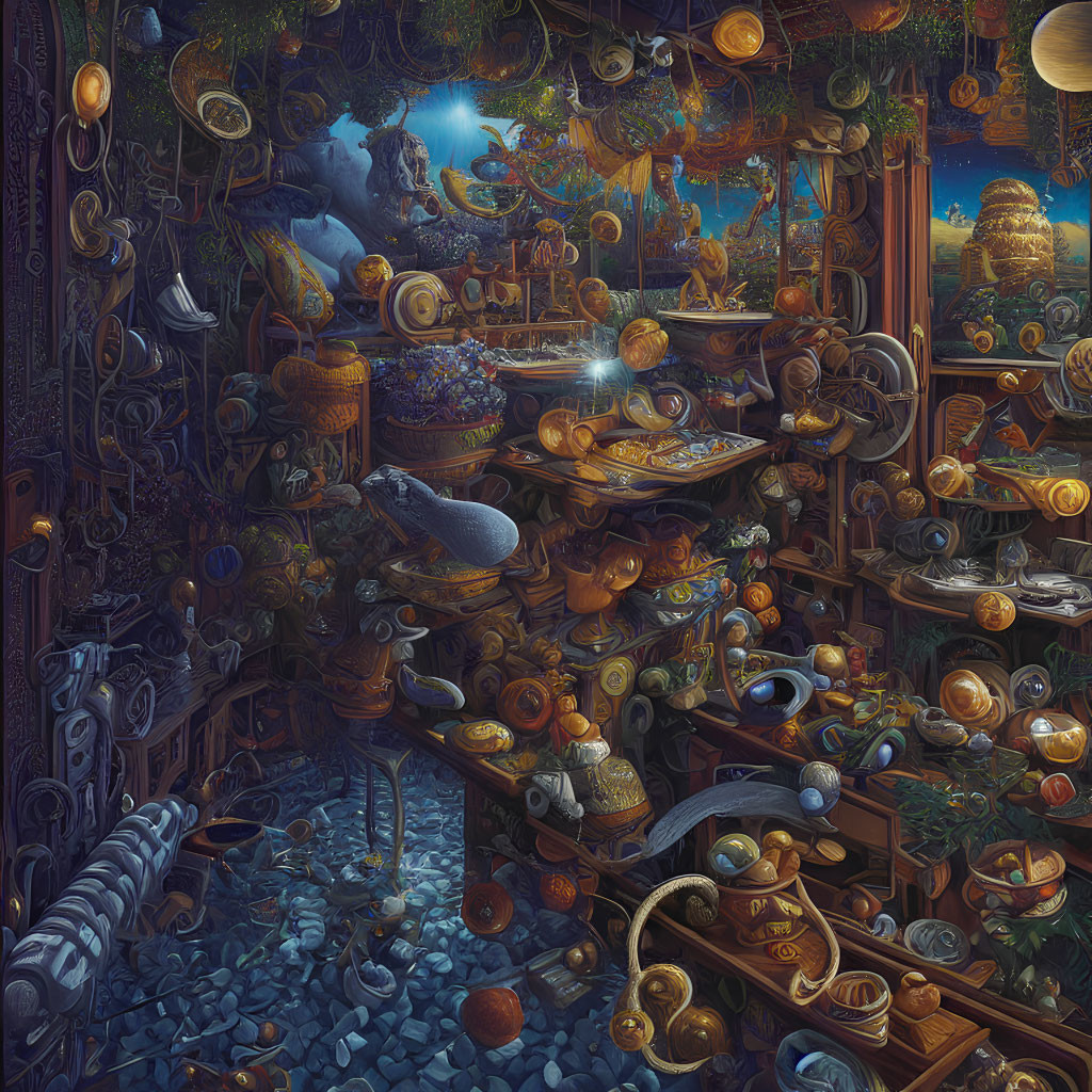 Fantasy room with artifacts, orbs, books, and whale in surreal, magical blend