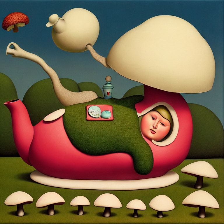 Whimsical painting of person in teapot with mushrooms and floating cup