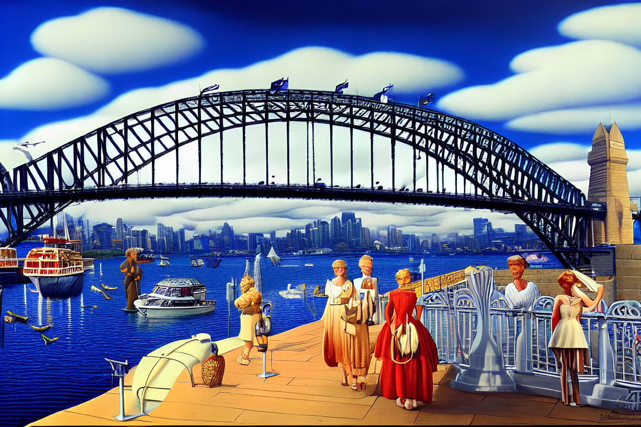 Vibrant harbor scene with vintage attire, boats, Sydney Harbour Bridge, and Opera House.