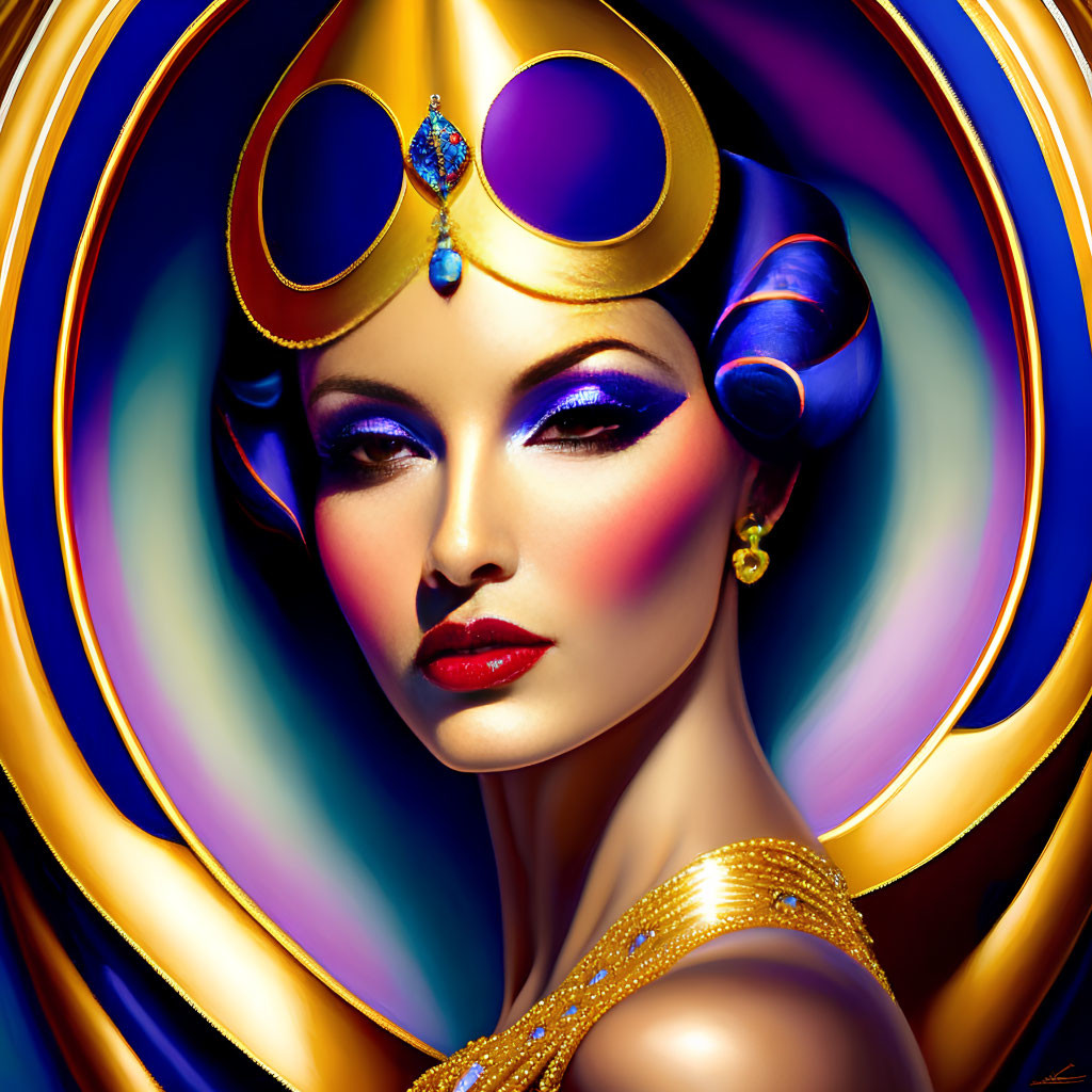 Colorful digital portrait of a regal woman with golden crown and vibrant makeup