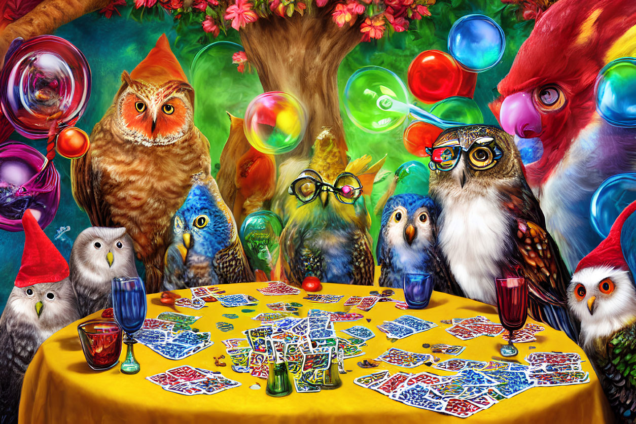 Vibrant Cartoon Owls in Festive Forest Gathering