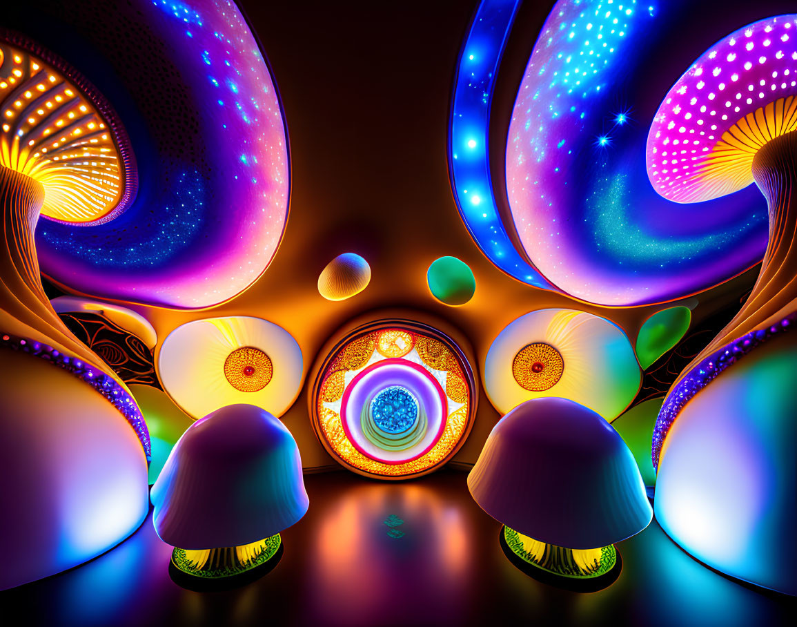 Colorful Glowing Mushroom Art with Eye Motif in Cosmic Setting