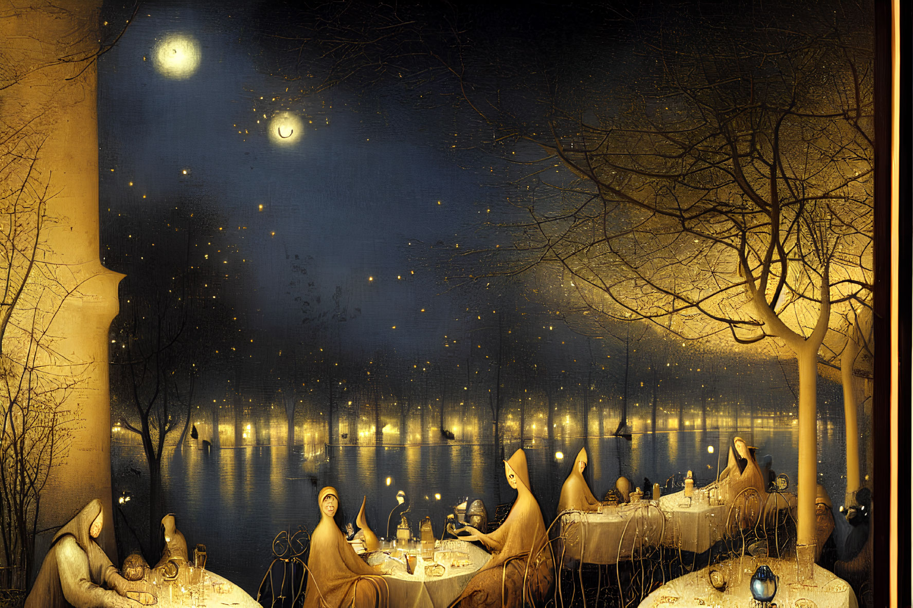 Surreal Nocturnal Lakeside Banquet Artwork with Moonlit Sky