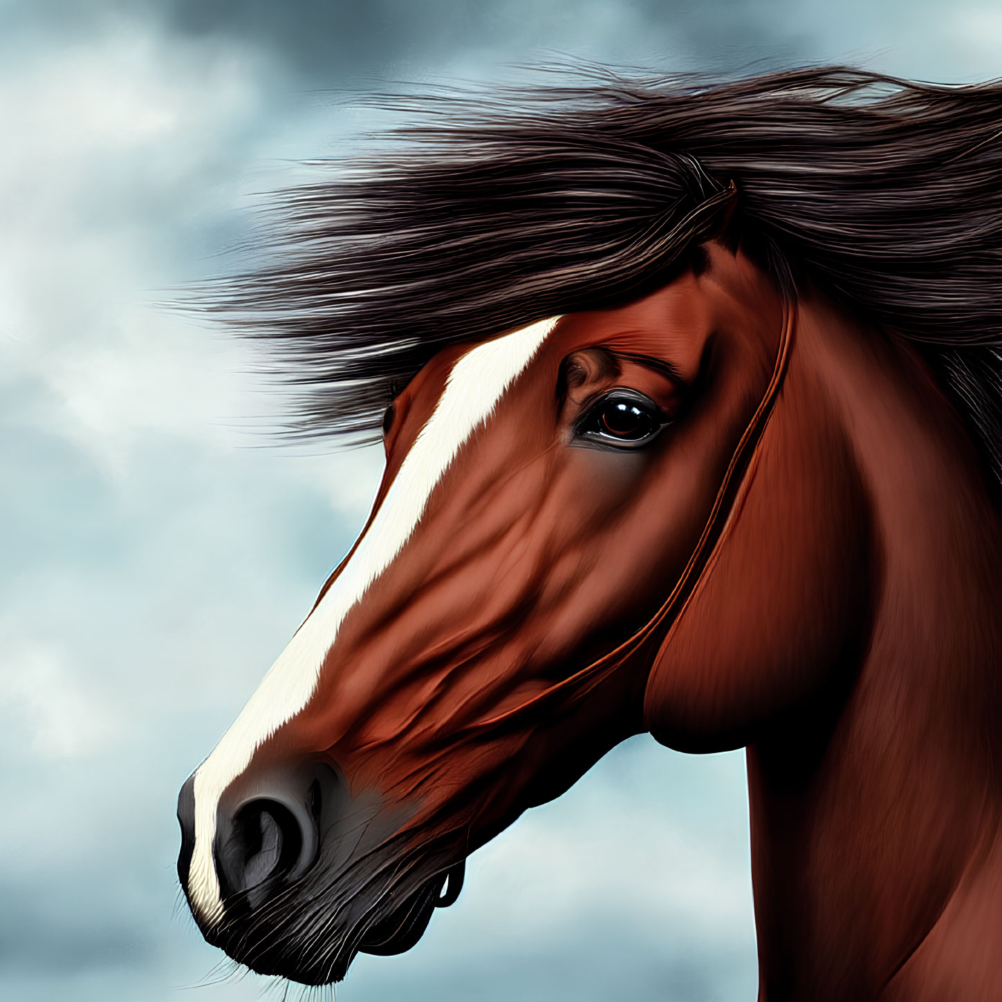 Glossy Chestnut Horse with Dark Mane on Cloudy Sky Background
