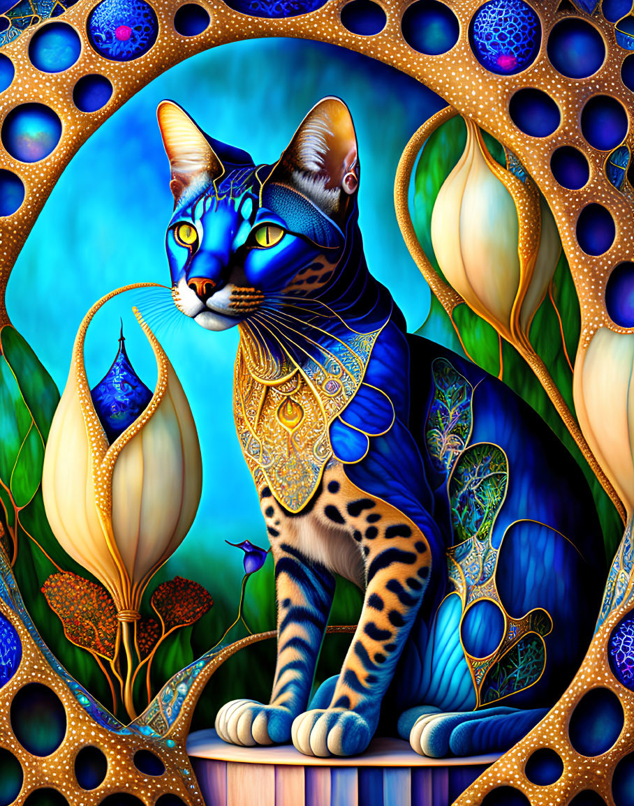 Majestic cat illustration with blue and gold patterns and intricate designs