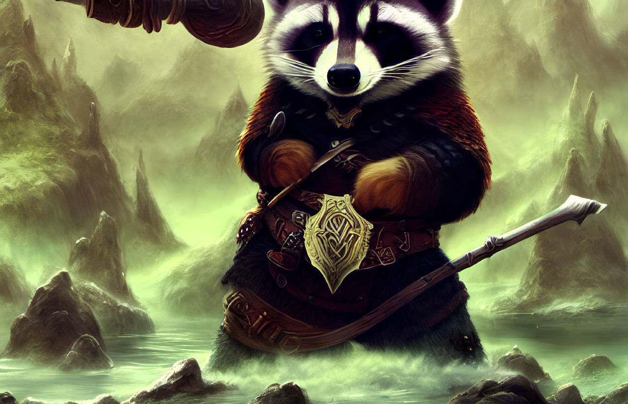 Anthropomorphic raccoon warrior in medieval armor with hammer and bow in mystical landscape