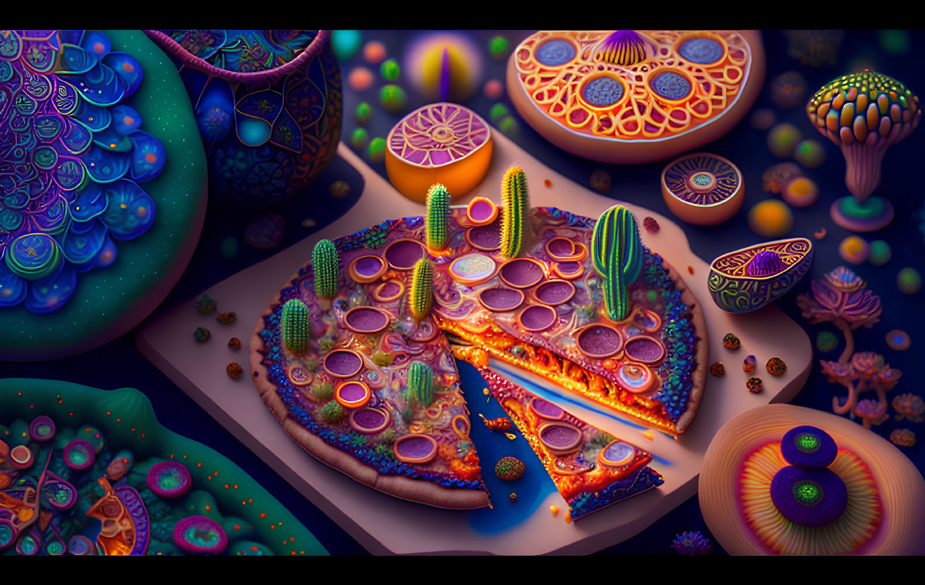 Colorful surreal illustration: pizza slices with cactus toppings in fantasy landscape