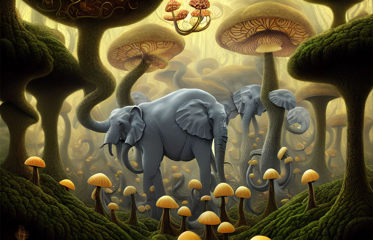 Surreal landscape with elephants and towering fungi