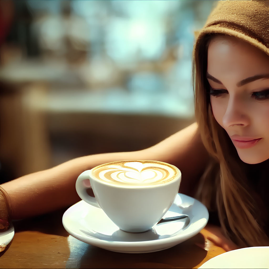 Person in Beanie Admiring Heart-Patterned Latte in Café