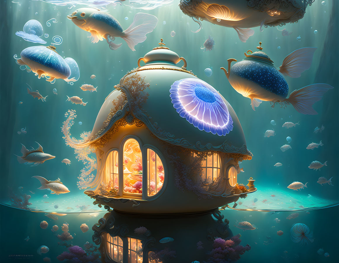 Ornate lantern-style house in underwater fantasy scene