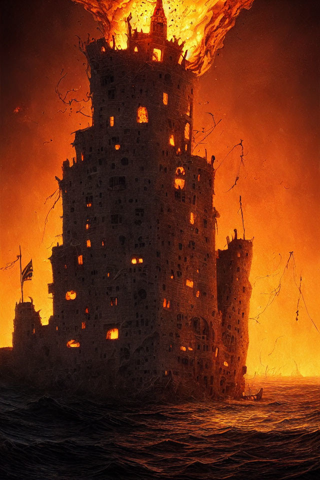 Towering castle engulfed in flames on sea with fiery skies and battle scene.