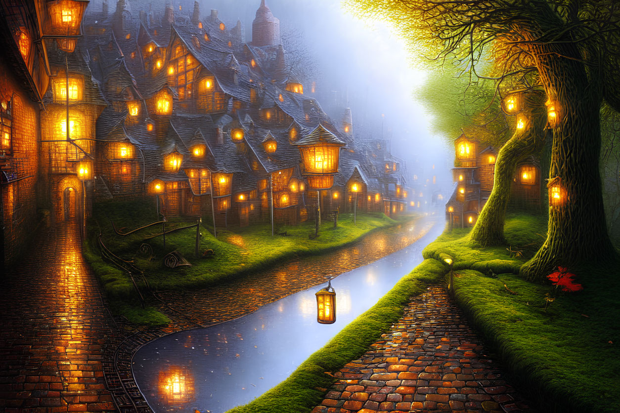 Enchanting cobblestone street with lantern-lit canal at twilight