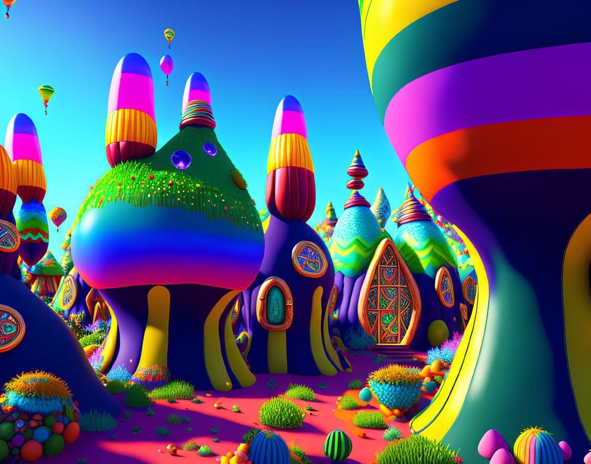 Vibrant Mushroom-Shaped Houses in Colorful Fantasy Landscape