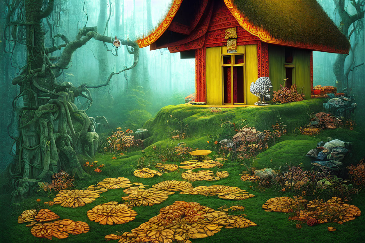 Whimsical house in enchanted forest with oversized leaves and glowing lantern