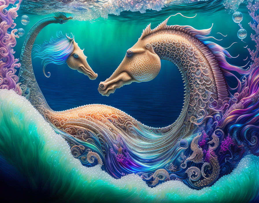 Ornate seahorses in vibrant underwater scene