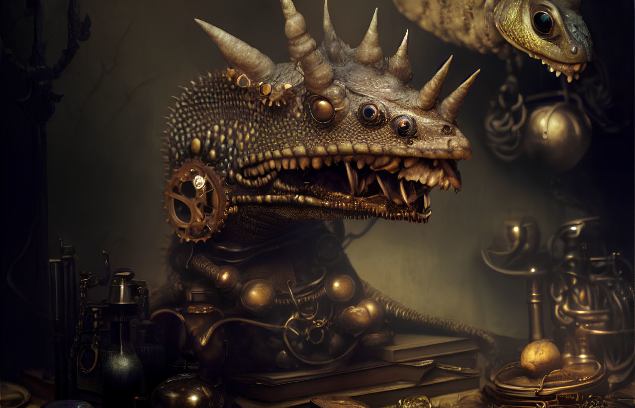 Steampunk mechanical dragon with cogwheel in dark setting