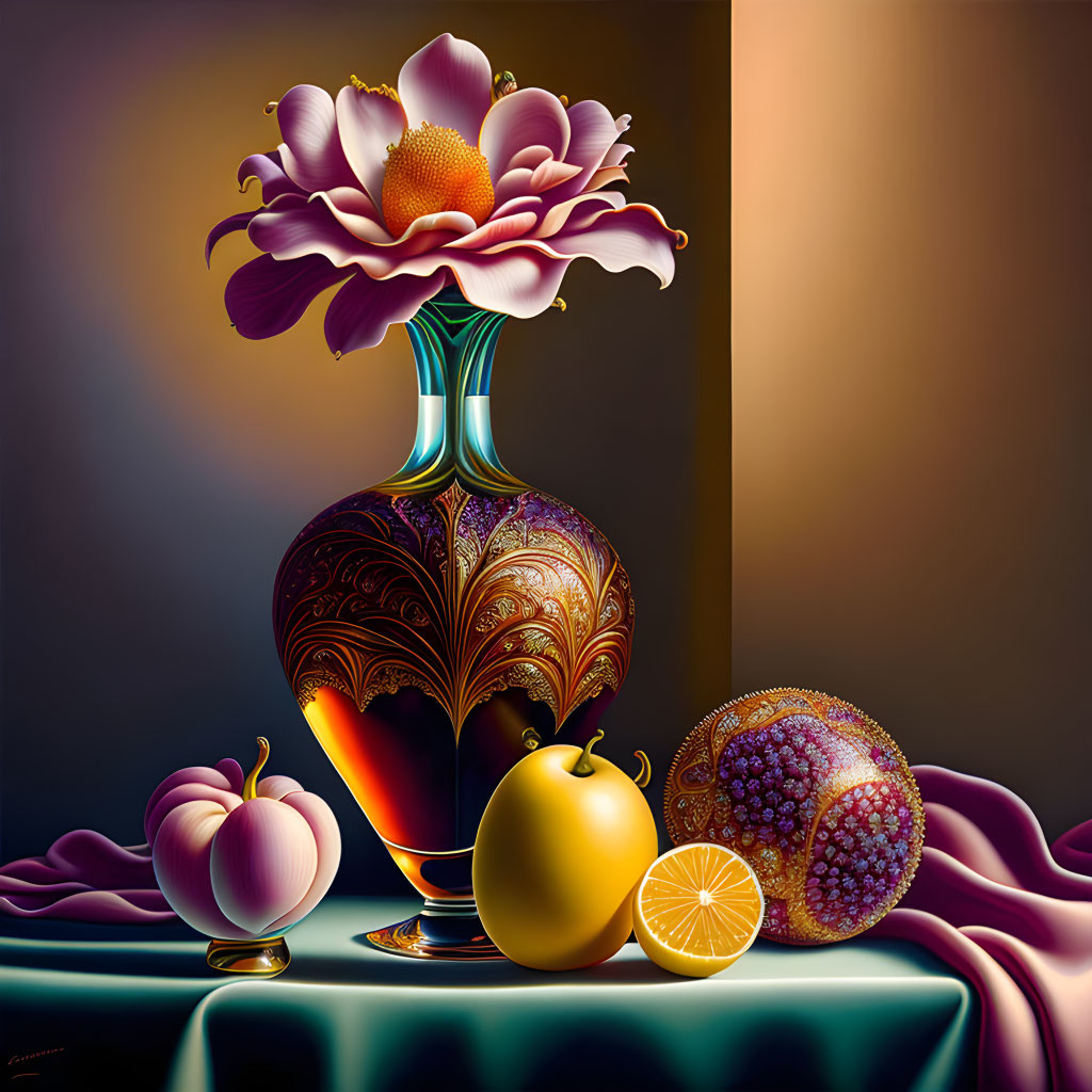 Vibrant flower in patterned vase with fruits on draped fabric
