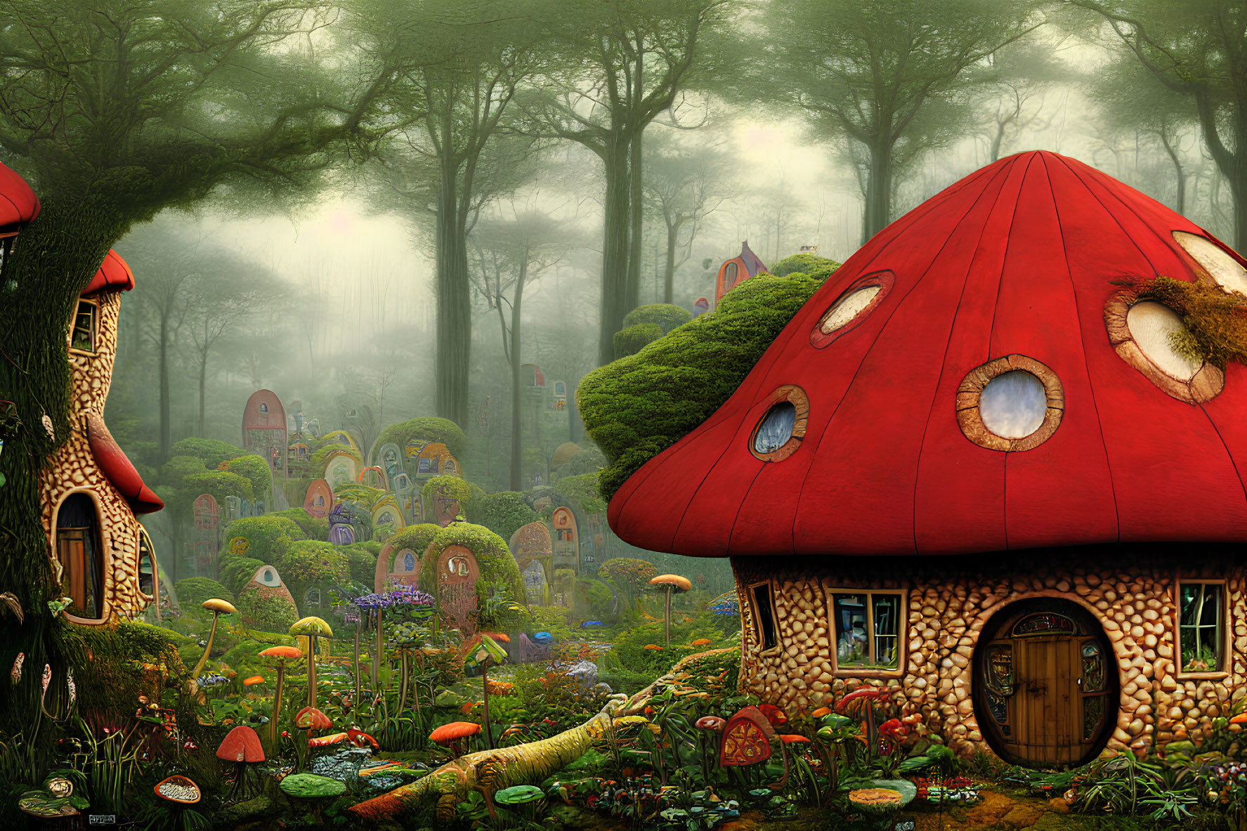 Enchanted forest scene with mushroom houses and mystical fog