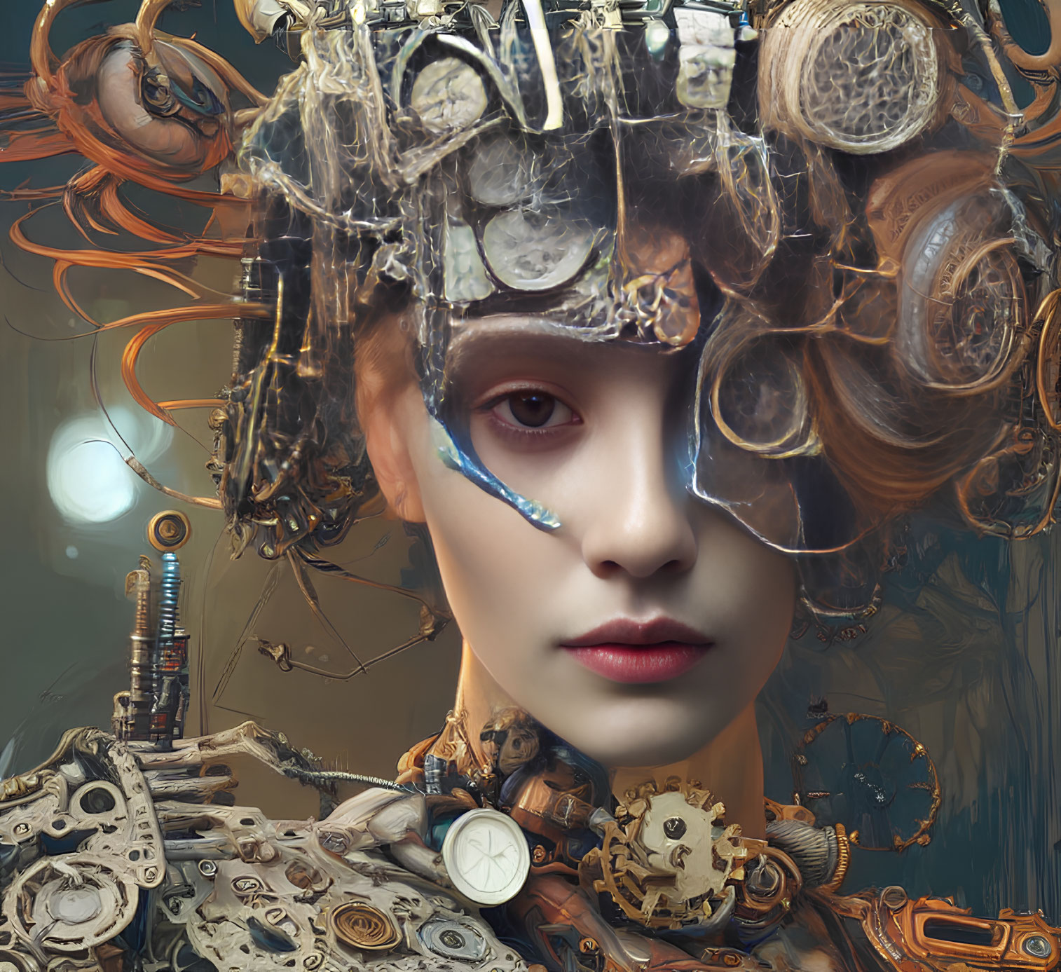 Steampunk-themed digital artwork of a woman with transparent mechanical headdress.