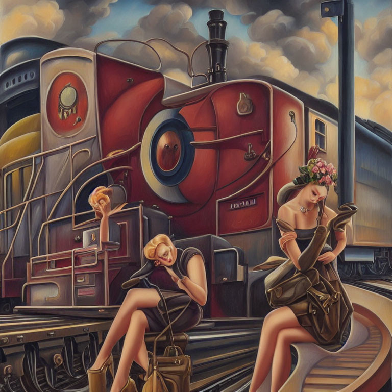 Surreal painting of two women by vintage train reading and napping