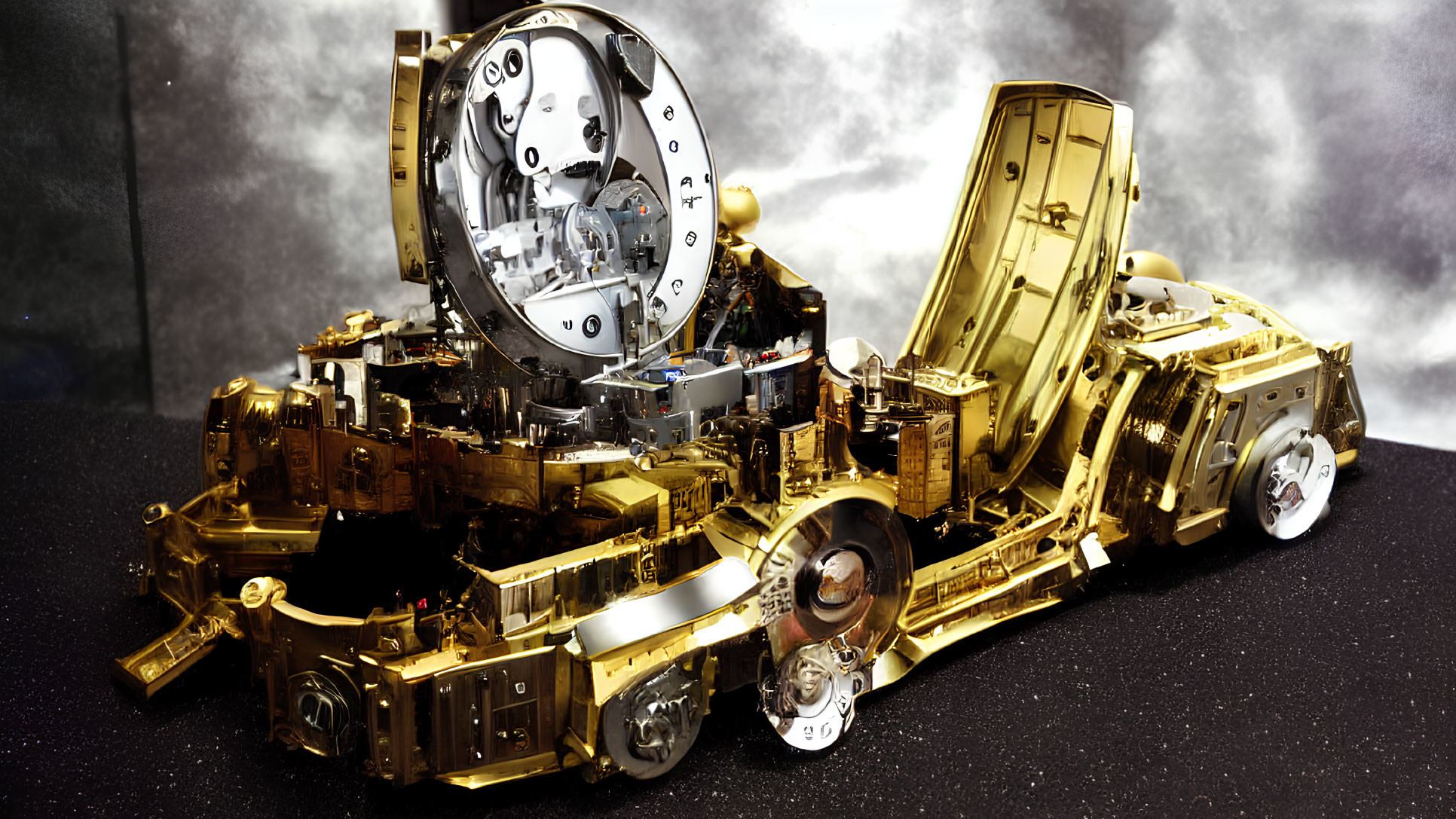 Detailed Gold and Silver Steampunk Car with Exposed Gears on Starry Background