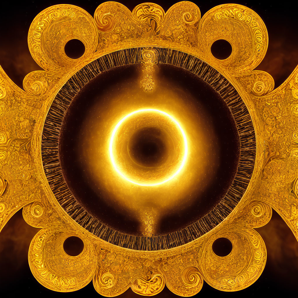 Intricate Circular Golden Mandala with Black Hole Center