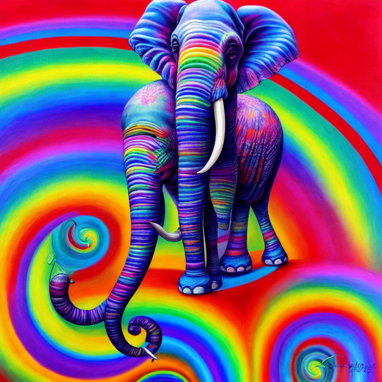 Colorful Psychedelic Elephant Painting with Swirling Patterns
