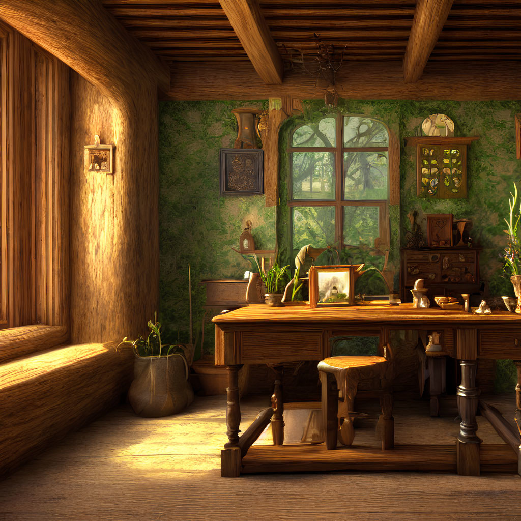 Sunlit Room with Wooden Furniture, Plants, Antiques, and Collectibles