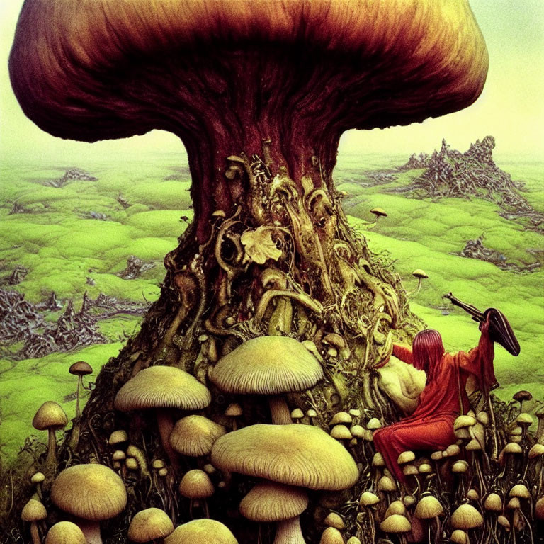 Surreal landscape with person near large mushrooms under colossal tree-shaped cloud