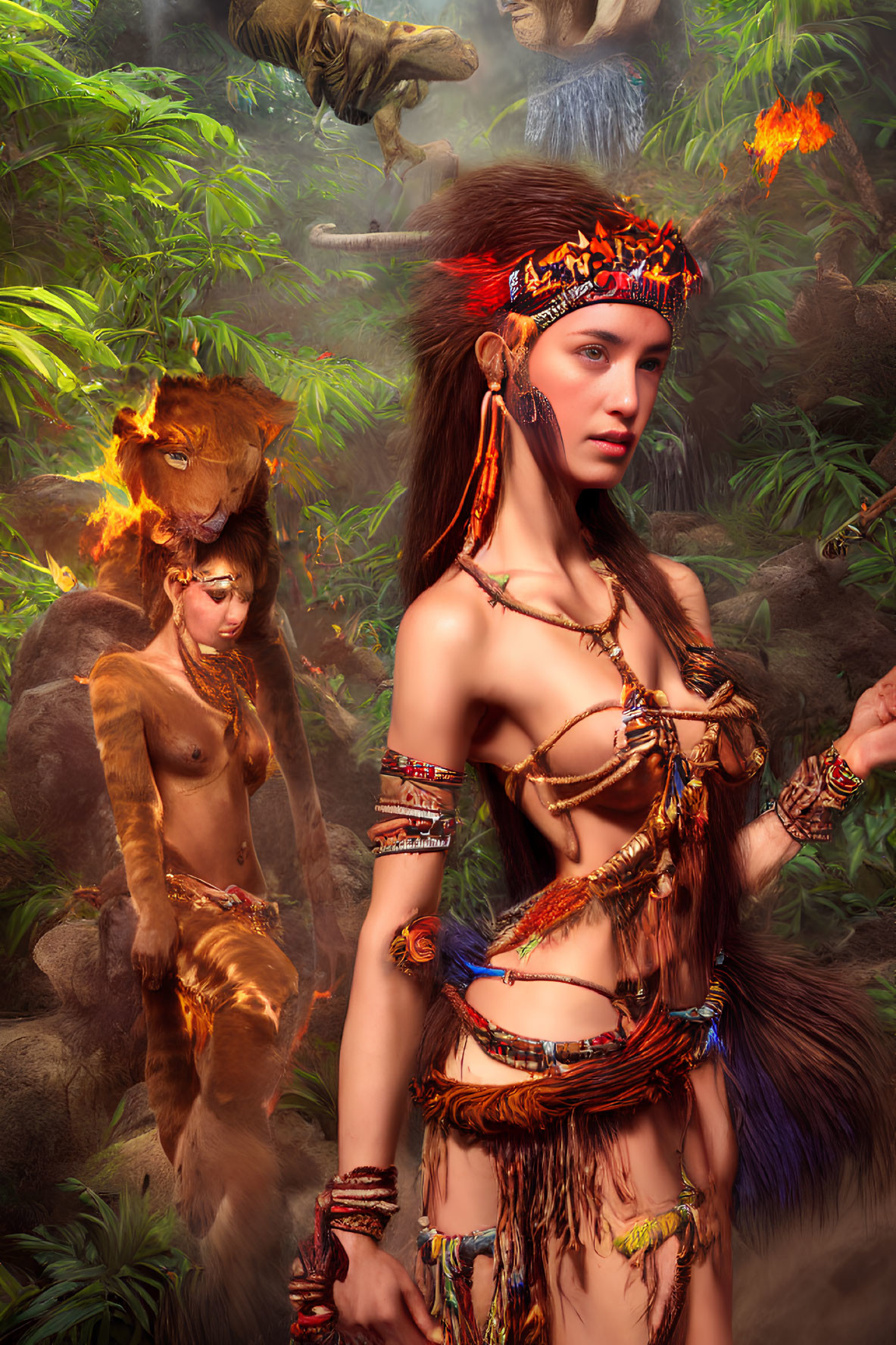 Two women in tribal attire with a tiger in a lush jungle - vibrant colors create mystical scene