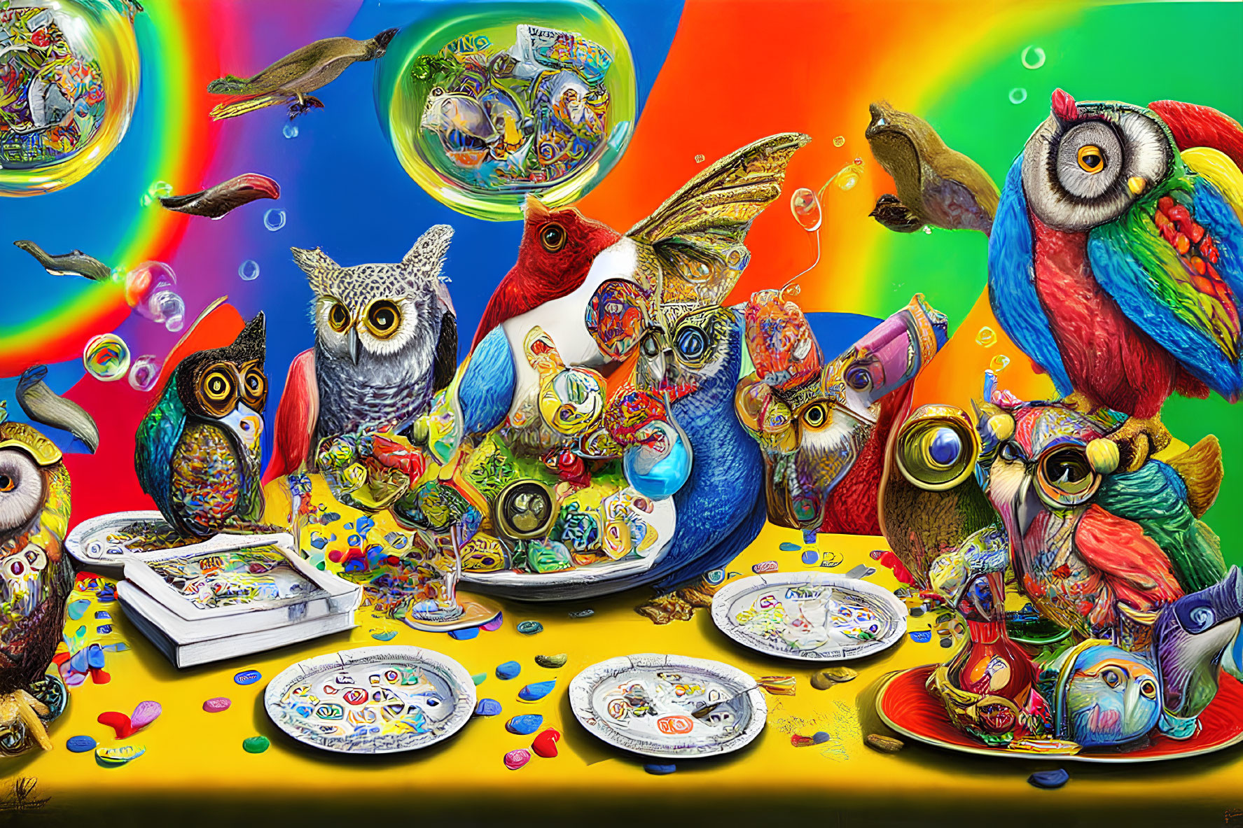 Vivid Owl Artwork with Colorful Patterns and Rainbows