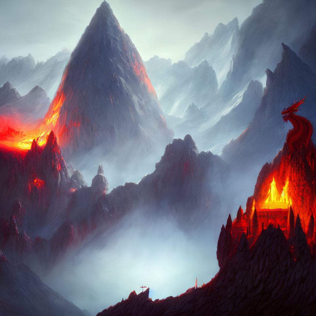Mystical landscape with illuminated palace, dragon, and volcanic mountain