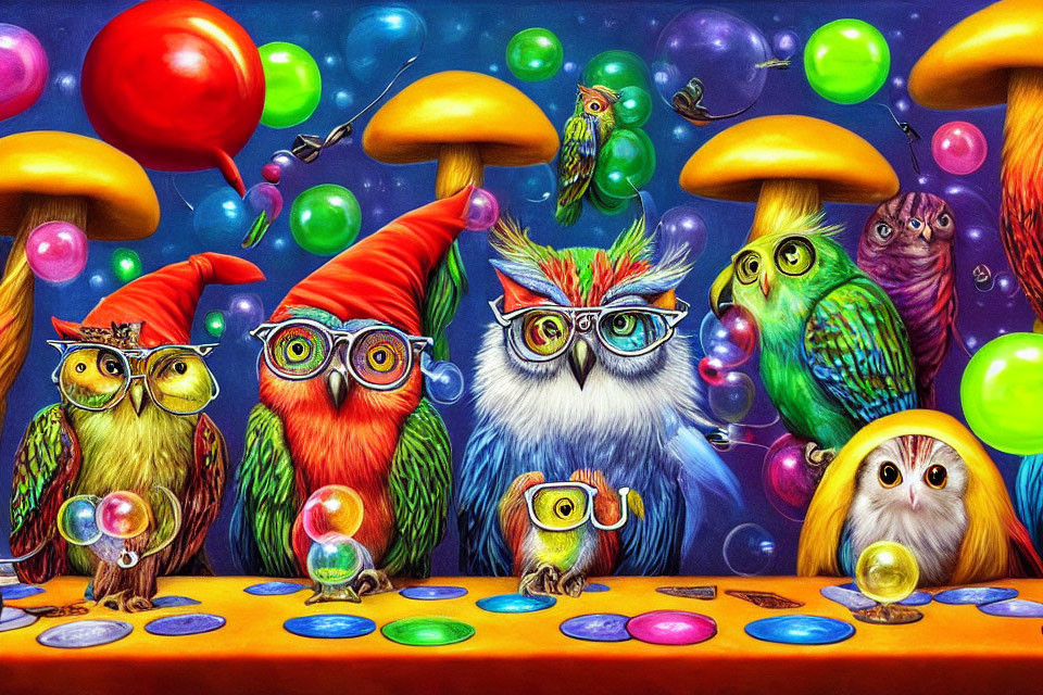 Colorful Owls with Glasses Among Mushrooms and Balloons