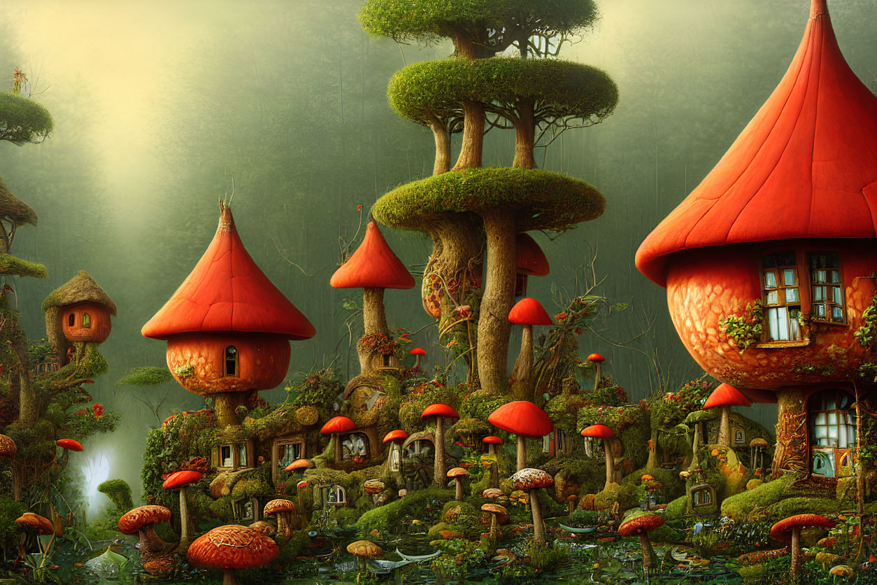 Whimsical forest village with treehouses and mushroom cottages nestled in vibrant flora