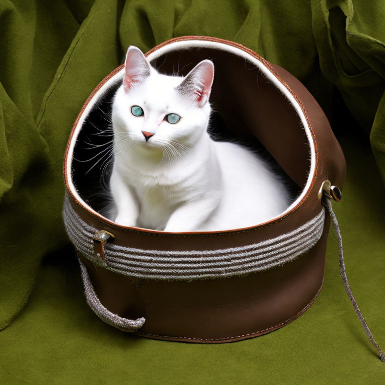 White Cat with Blue Eyes in Round Leather Bag on Green Fabric