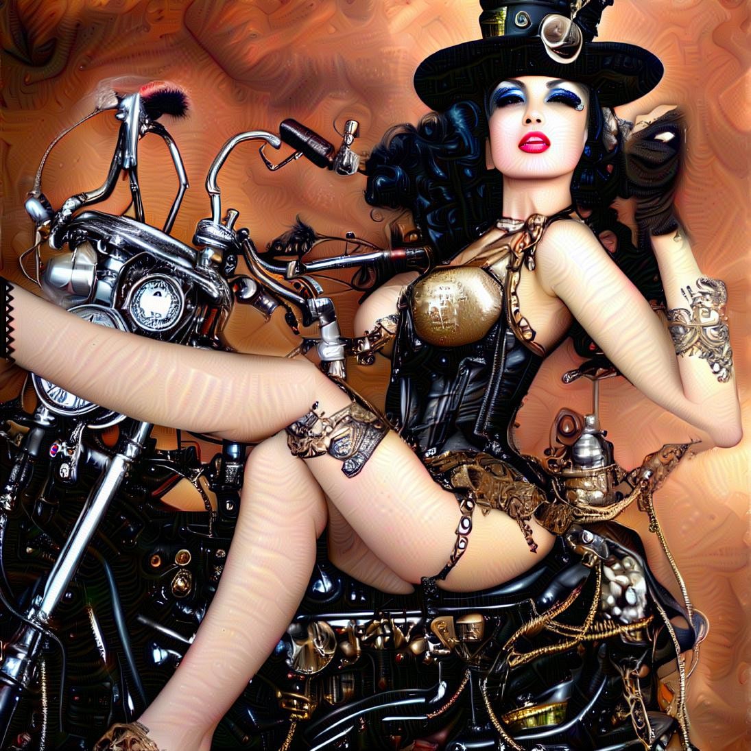 Woman on Harley in Leather Corset