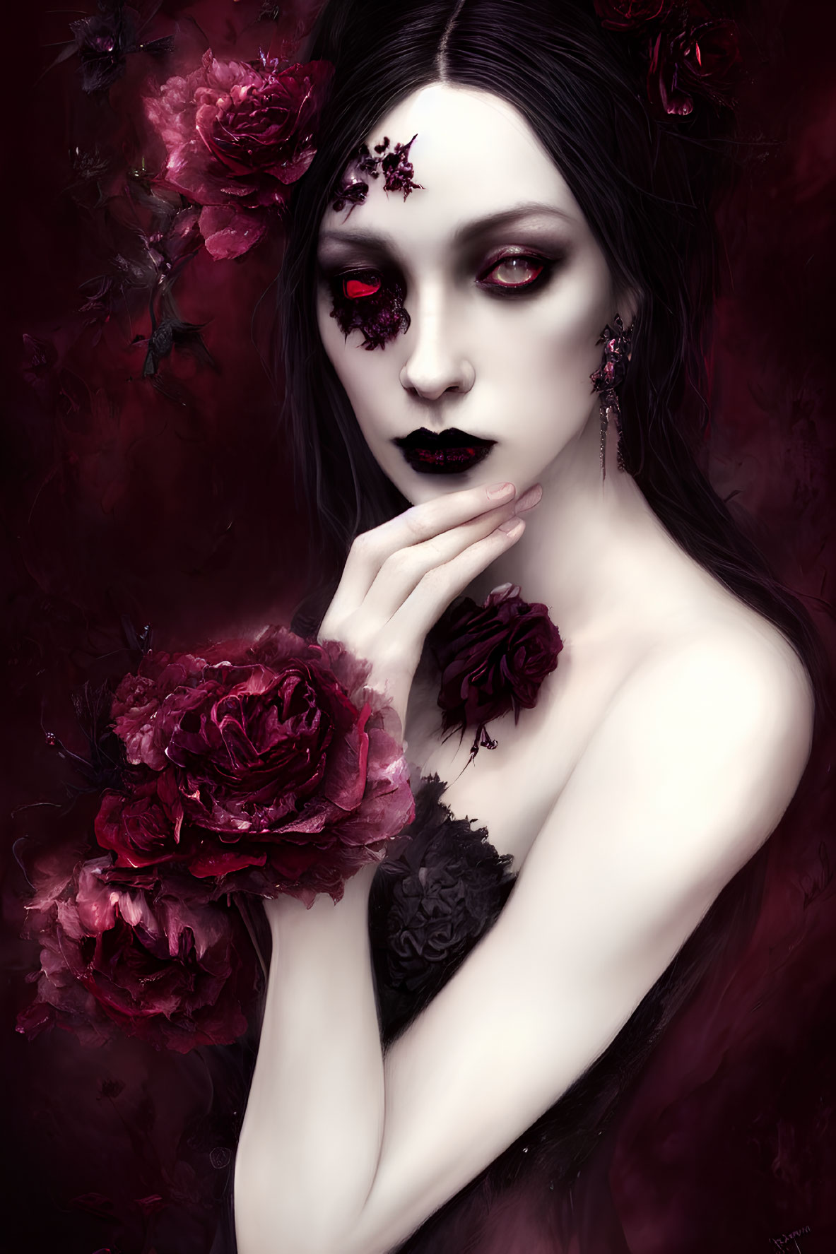 Gothic-inspired artwork of woman with red eyes and roses on deep red background