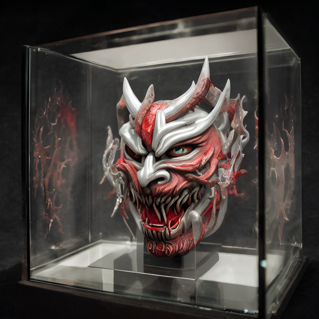 Japanese Oni Mask in Red and White Colors in Clear Case on Dark Background