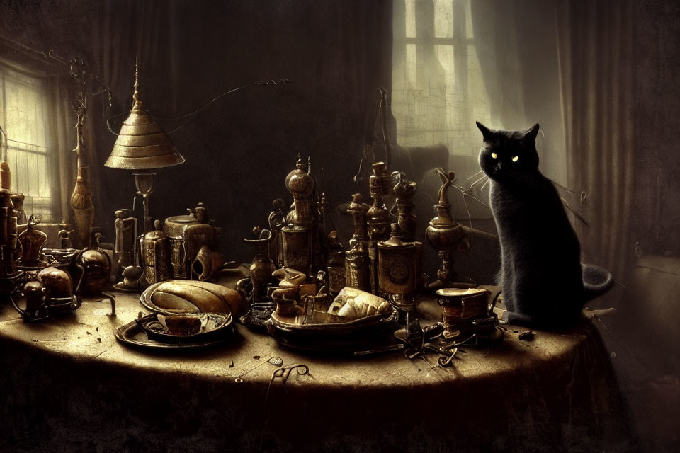 Black Cat on Table with Brass Objects in Mysterious Vintage Setting