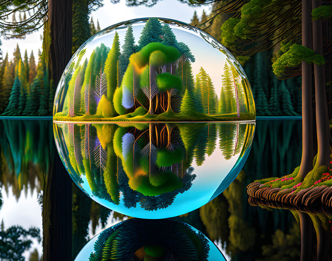 Crystal ball reflecting vibrant inverted forest scene with serene lake and towering conifers.