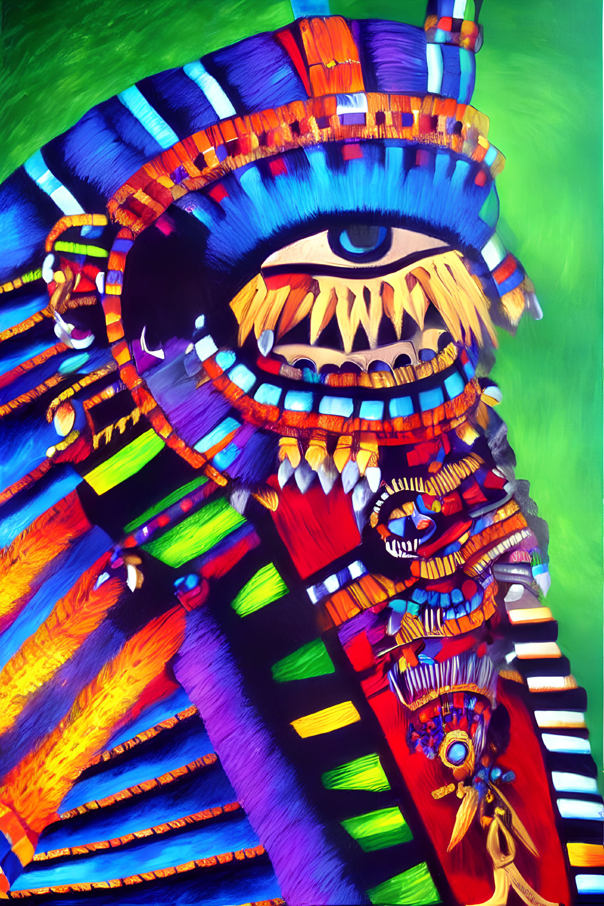 Colorful Abstract Humanoid Figure with Prominent Eye in Blue, Red, and Green